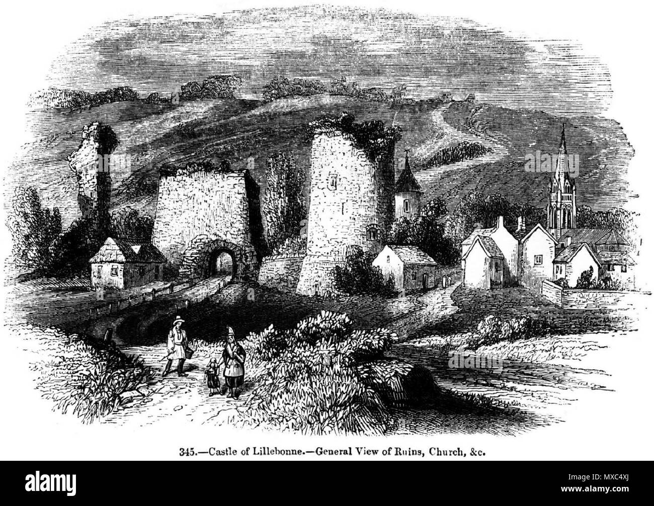 . 19. jahrhundert Kupferstich von Schloss von Wilhelm von der Normandie [William der Eroberer] in Lillebonne, Seine-Maritime, Frankreich. 1845. Charles Knight 373 Lillebonne-Castle - Calvados - Allgemeines - Blick-von-Ruinen-1845 Stockfoto