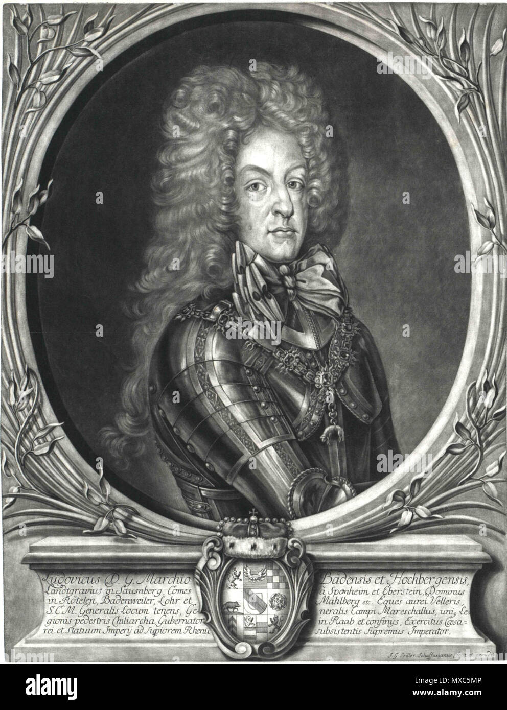 . Englisch: Louis William, Markgraf von Baden (1655-1707), margarve von Baden, Feldmarschall des Heiligen Römischen Reiches, siegreiche Kämpfer gegen das w:en: Osmanische Reich English: [[w:de:Ludwig Wilhelm (Baden-Baden)]] (1655-1707), Markgraf von Baden (in Württemberg), Generalfeldmarschall des Kaiserlichen Armee HRR in den w:de:: türkenkriegen Magyar: w: hu: Lajos Vilmos badeni őrgróf (1655-1707), császári - királyi tábornagy, sikeres törökverő hadvezér. Badeni Lajos név Alatt ist ismert. Kopie der zeitgenössische Lithographie um 1690.. Unbekannt 381 Baden Markgraf Ludwig Wilhelm 1655 1707 litho Stockfoto