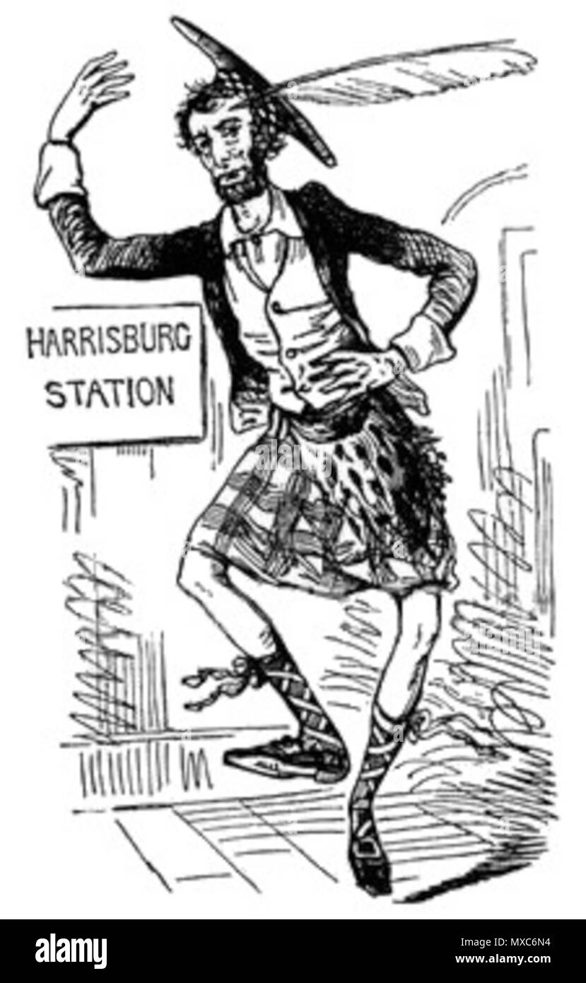 . "Die MacLincoln Harrisburg Highland Fling'. Cartoon kommentierte die Baltimore Plot. 9. März 1861. Unbekannt 385 Maclincoln harrisburg Highland Fling Stockfoto