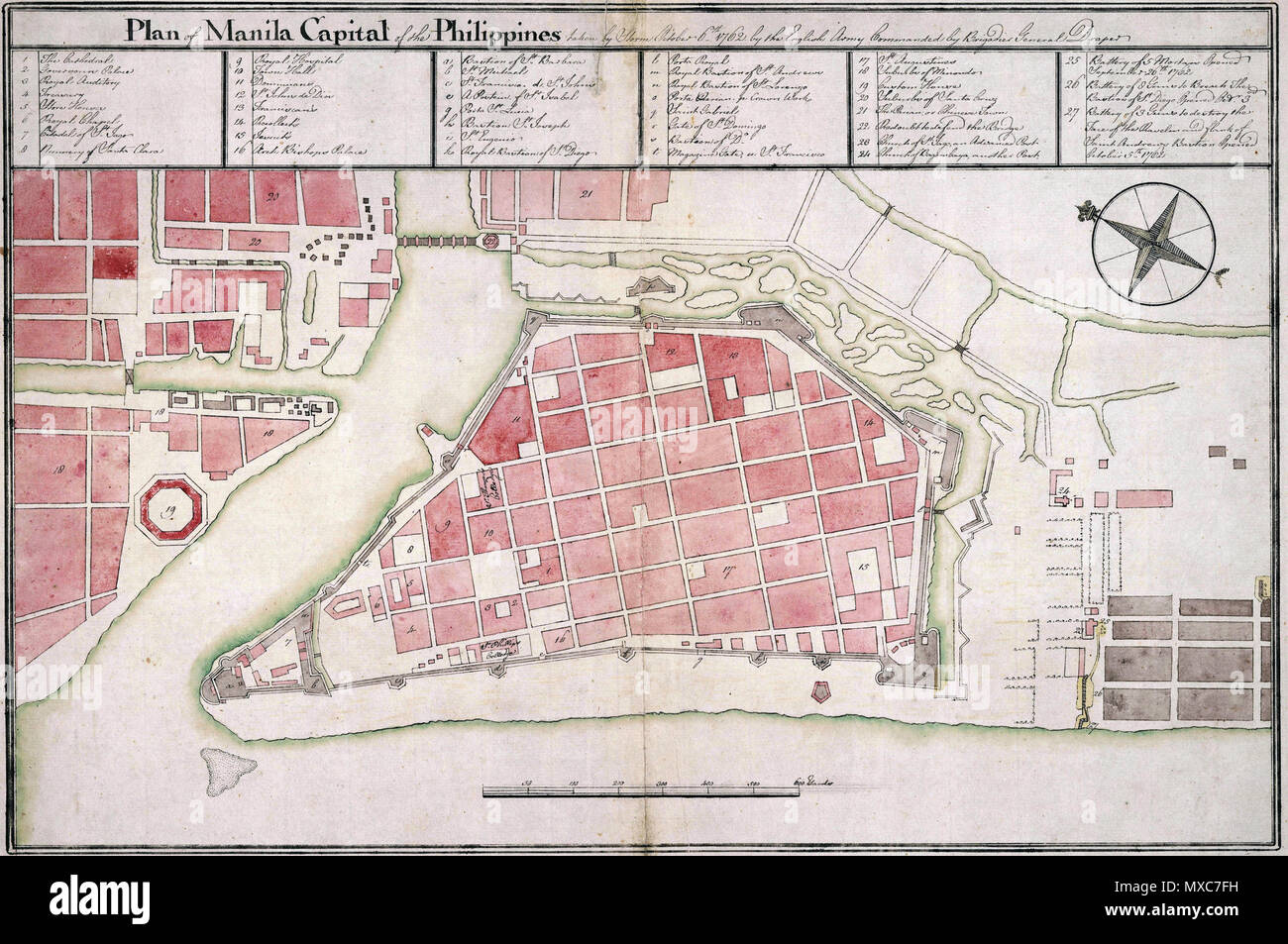 . Español: Plan von Manila, die Hauptstadt der Philippinen: Übernommen von Sturm 6. Oktober 1762 von der englischen Armee unter dem Kommando von Brigadegeneral Draper. 26 Dezember 2013, 22:46:02. Englische Armee unter dem Kommando von Brigadegeneral Draper 391 Manila 1762 Stockfoto