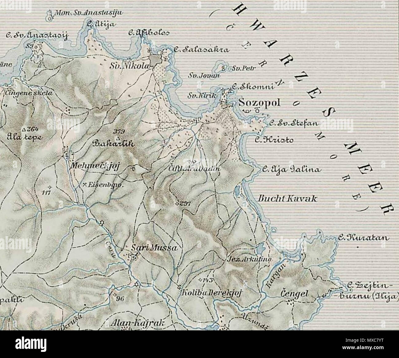 . English: Sozopol und sein Umland (1903). 14 Juli 2012, 16:25 (UTC). Karte Verlust 45-42 erkesia.jpg: Unbekannte abgeleitete Arbeit: Vammpi 392 Karte Verlust 45-42 Sozopol Detail Stockfoto