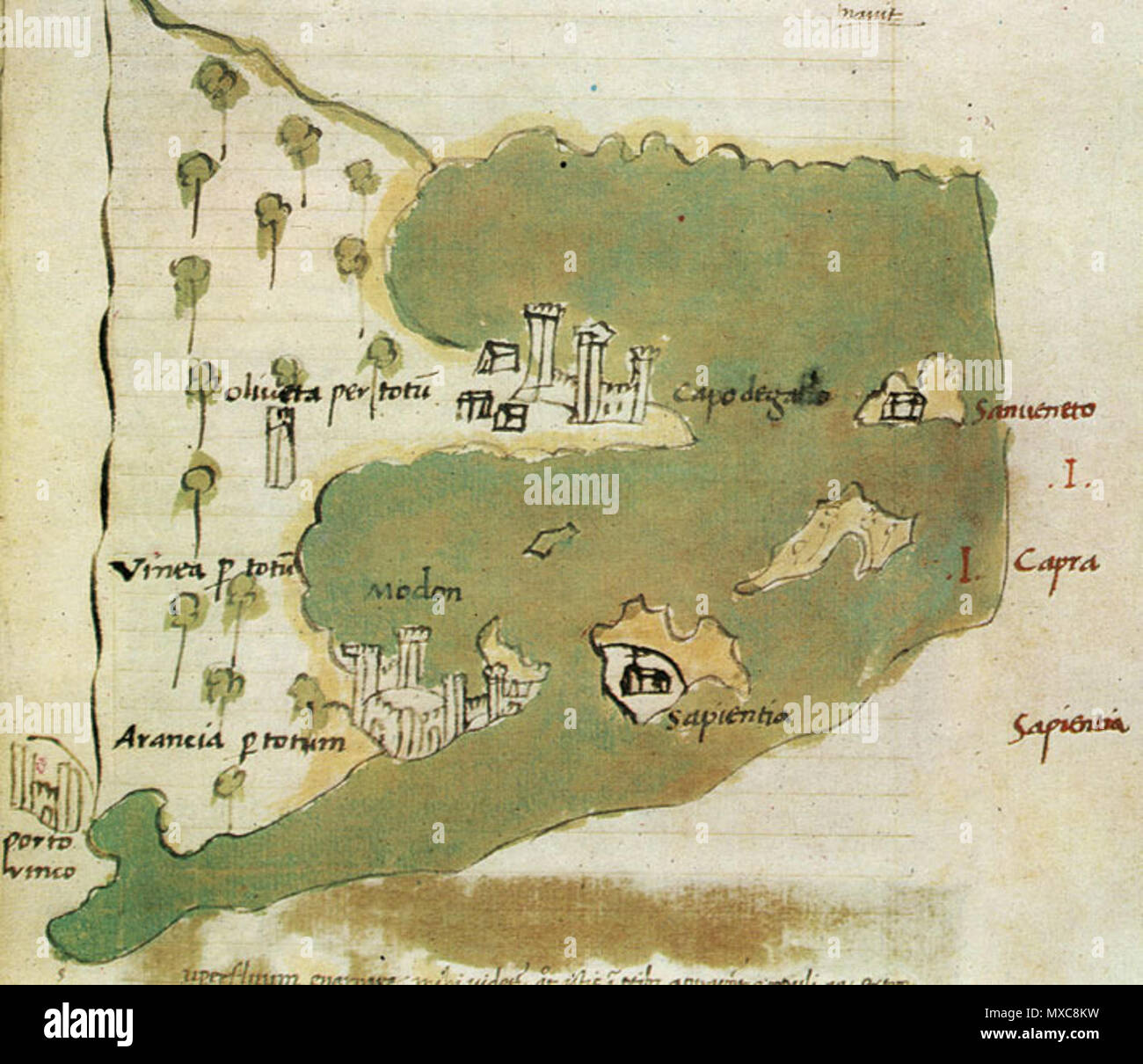 . Englisch: Cristoforo Buondelmonti, Liber Insularum Archipelagi (1420), die Bucht von Methoni, Peloponnes, Griechenland. 1420. Cristoforo Buondelmonti 394 Karte von der Bucht von Methoni mit den Inseln Messenischen Oinoussae - buondelmonti Cristoforo - 1420 Stockfoto