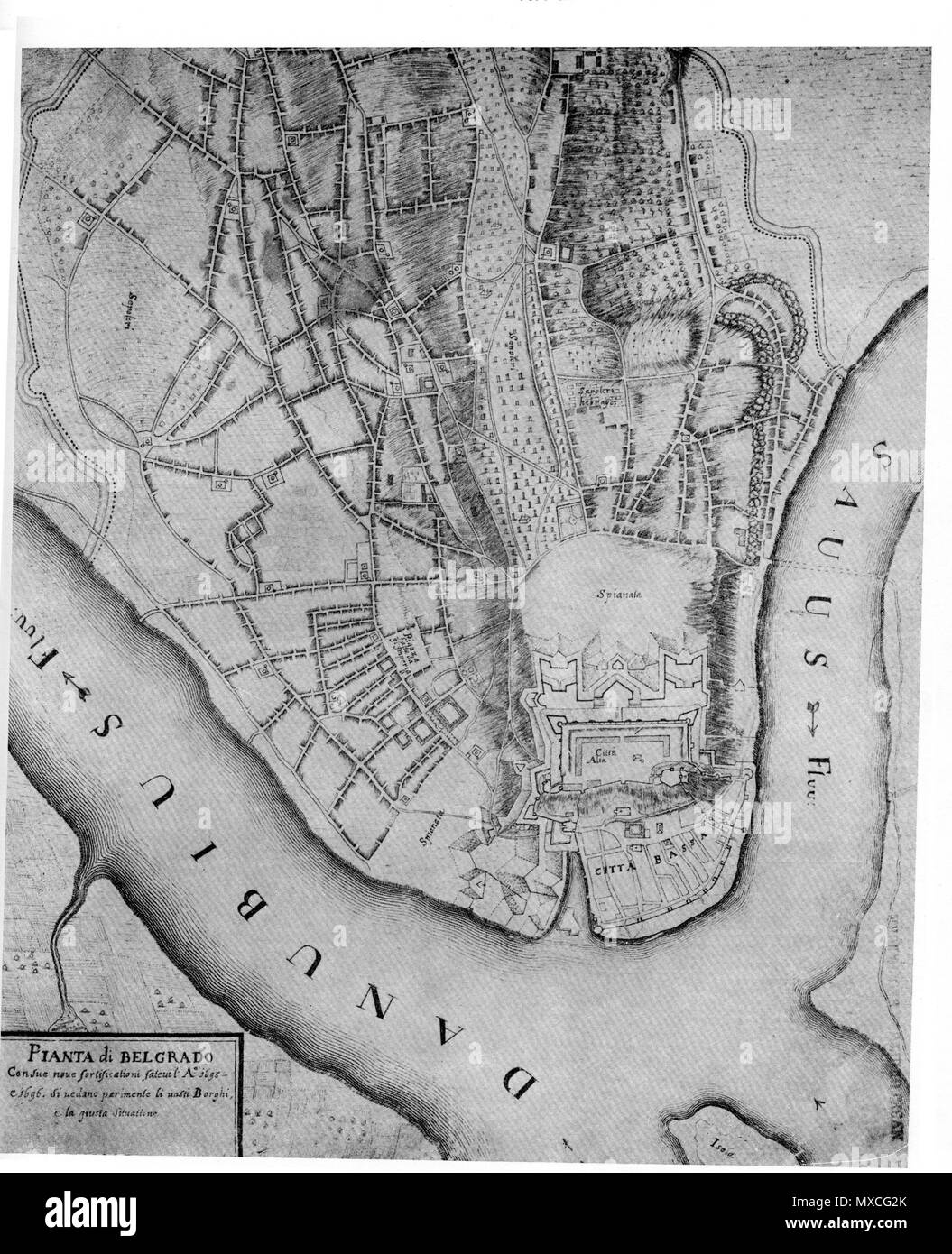 . Englisch: Karte von Belgrad. um 1690. Italienischen Kupferstecher 302 Italienische Mape von Belgrad" Talijanski Plan" Stockfoto