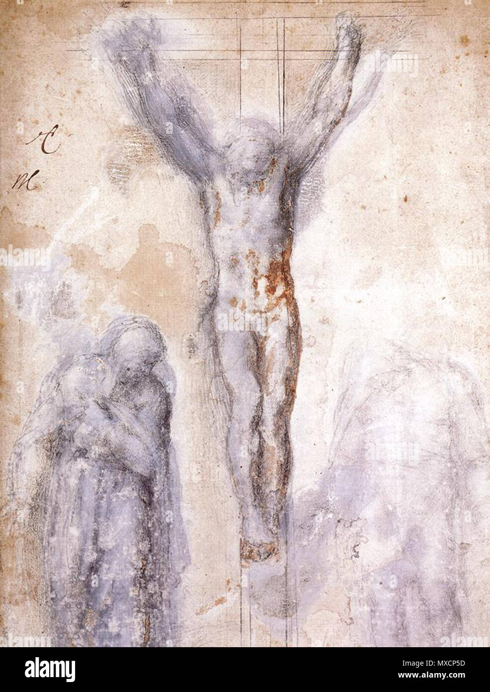 . MICHELANGELO BUONARROTI gekreuzigten Christus zwischen der Jungfrau und Nikodemus Schwarze Kreide, Braun waschen und Bleiweiß, 43,3 x 29 cm Musée du Louvre, Paris. ca. 1552-54. Siehe Dateiname oder Kategorie 415 Michelangelo, den gekreuzigten Christus zwischen der Jungfrau und Nikodemus Stockfoto