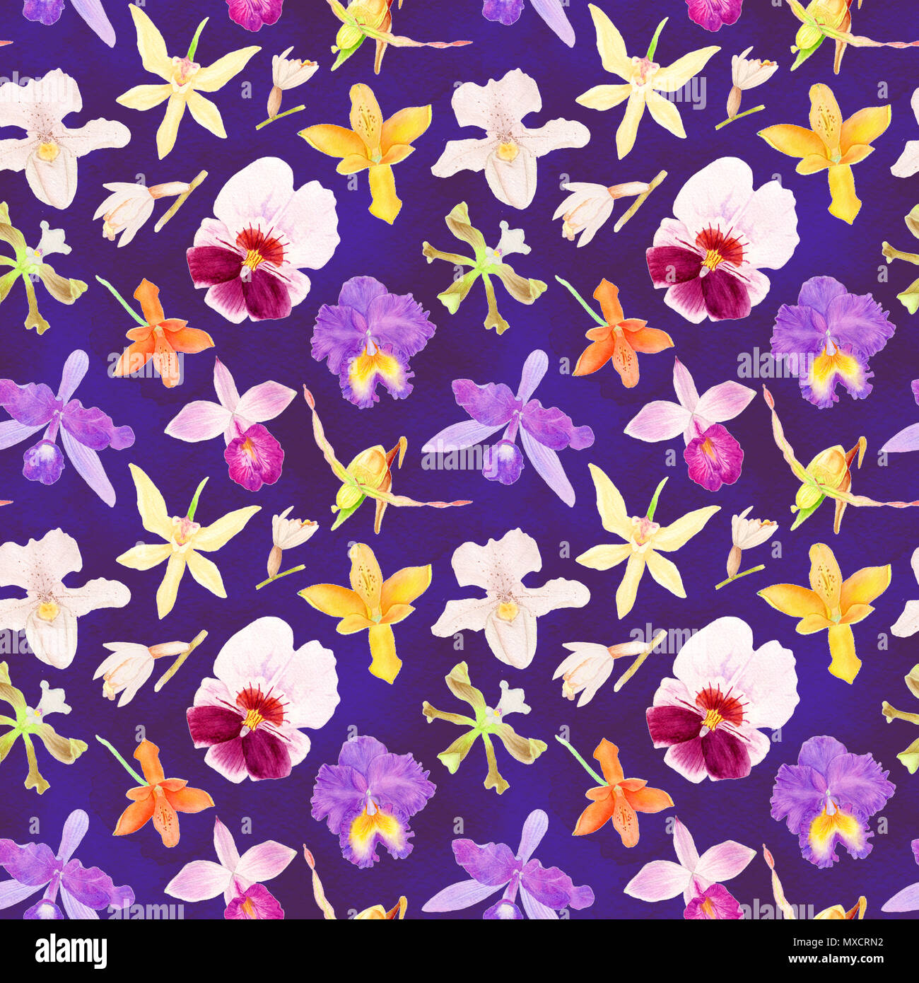 Orchid nahtlose Muster, Aquarell Bild mit unterschiedlichen Hand gezeichnet tropische Blumen, Orchideen auf dem Tief violetten Hintergrund isoliert Stockfoto