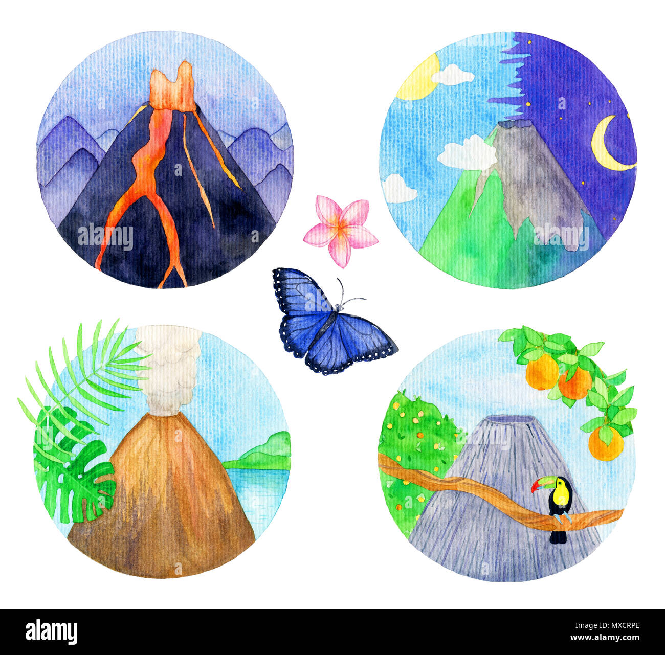 Aquarell Vulkan Illustrationen, Hand tropischen sceneric Ansicht mit Vulkanen, Schmetterling und exotische Blumen auf weißem Hintergrund gezeichnet Stockfoto