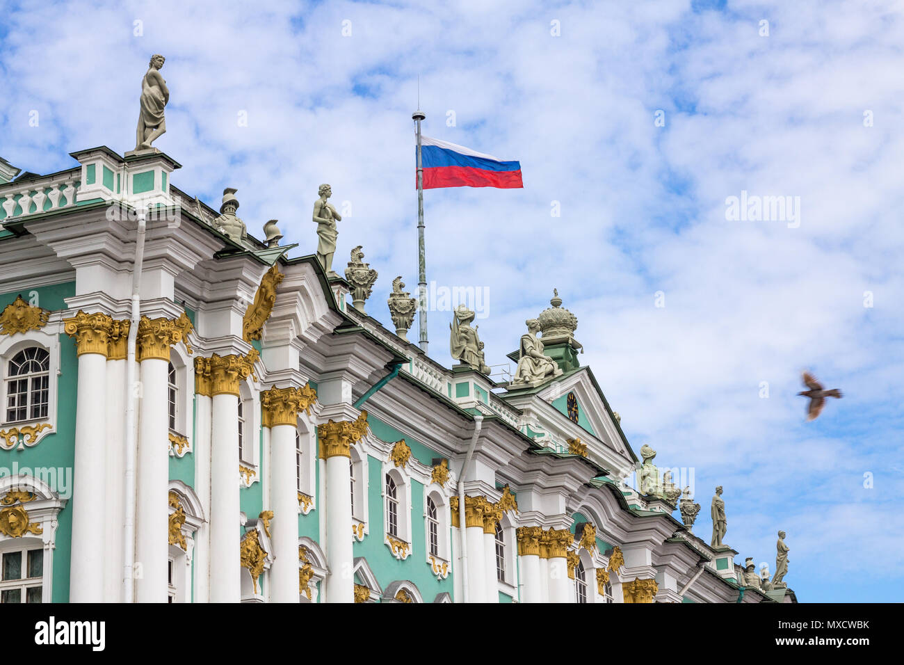 St. Petersburg ist wunderschön Winter Palace lackiert mint grün mit Weiß und Gold Trim. Statuen Linie mit russischen Flagge auf dem Dach. Taube fliegt in Richtung Palast Stockfoto