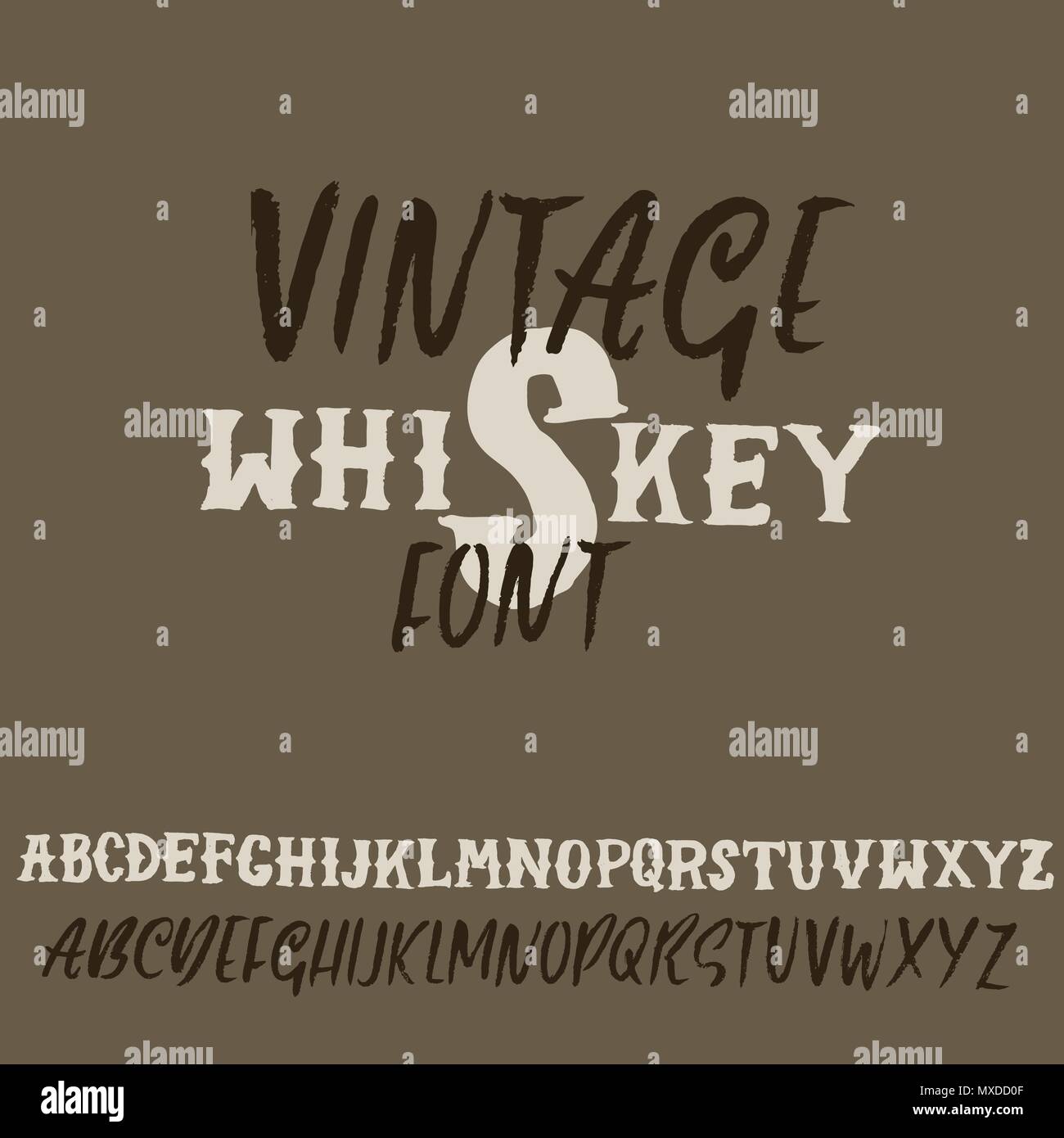 Grunge vintage Whiskey Font. Alte handgefertigte Anzeige Skript. Moderne Bürste label Bedruckung. Vektor Typografie Illustration. Stock Vektor