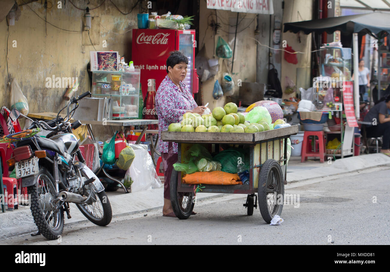 Frau verkaufen Obst und Gemüse auf der belebten Straße in Saigon Vietnam. Stockfoto