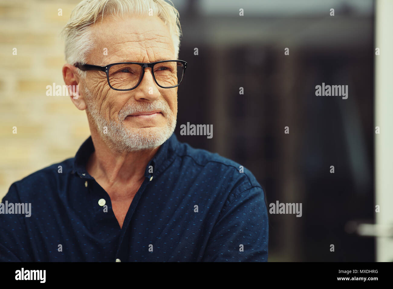 Älterer Mann mit Bart und Brille lächelte zufrieden, während sich draußen in seinem Hof Stockfoto