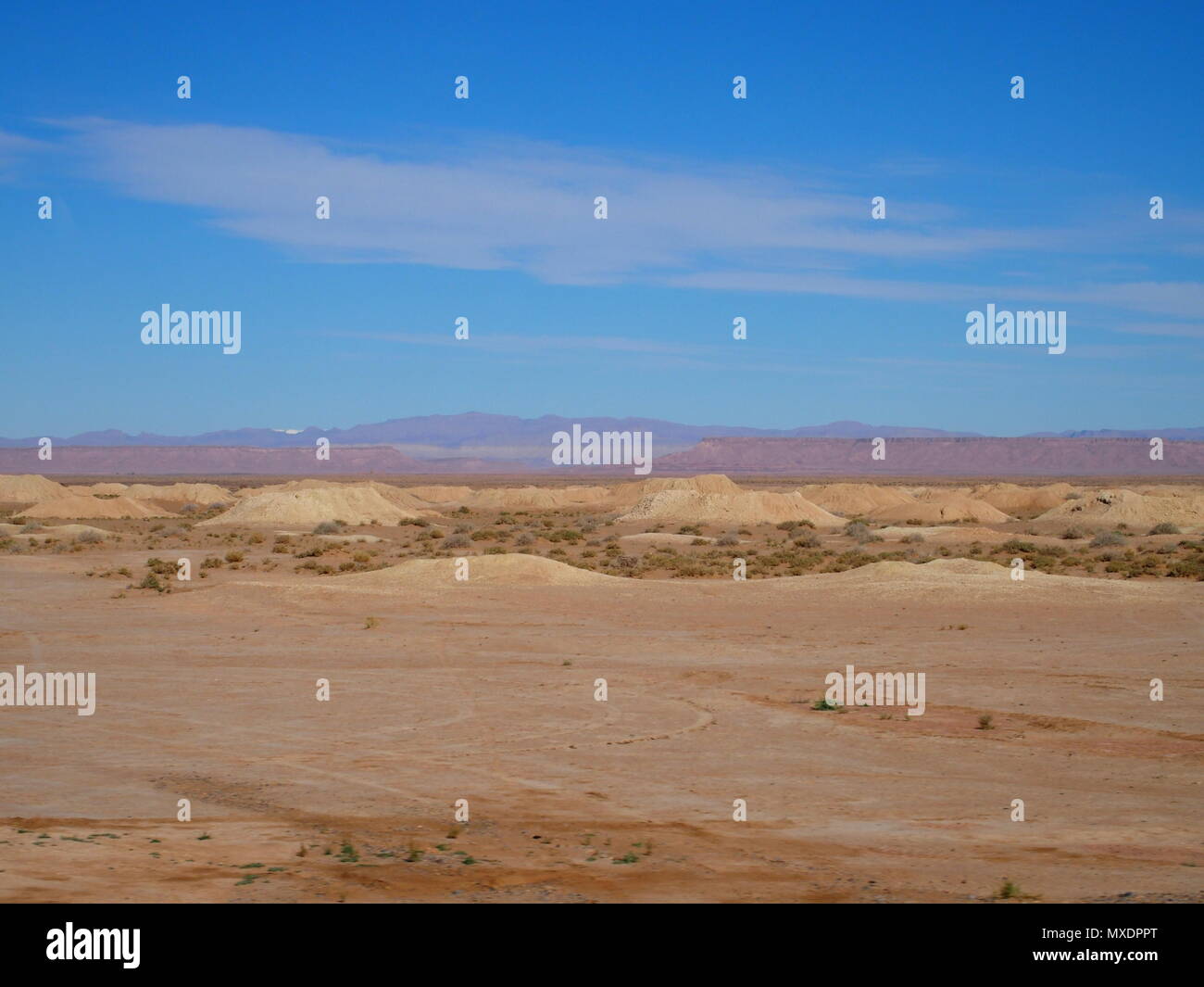 Wundervolle Panorama der Ketthara, das Wasser gut an afrikanischen Wüste Sahara Landschaften in der Nähe von Erfoud in Marokko mit klaren blauen Himmel in 2017 kalten sonnigen Stockfoto