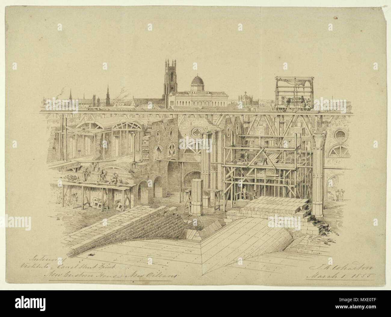 . New Orleans: Custom House Gebäude im Bau, 1855 im Hintergrund der Kirchturm von St. Patrick's Römisch-katholische Kirche und die Kuppel des alten Unitarian Church on Church Street gesehen. . 1855. Thomas Kelah Wharton (1814-1862) 442 New Orleans Custom House Bau 1855 Stockfoto