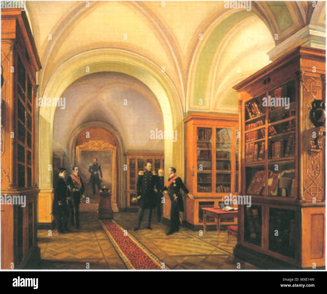 . Englisch: Kaiser Nikolaus ich Besuch in der Öffentlichen Bibliothek. 1853 Русский: Посещение императором Николаем ich Публичной библиотеки. 1853 443 Nikolaus I. in der Russischen Nationalbibliothek Stockfoto