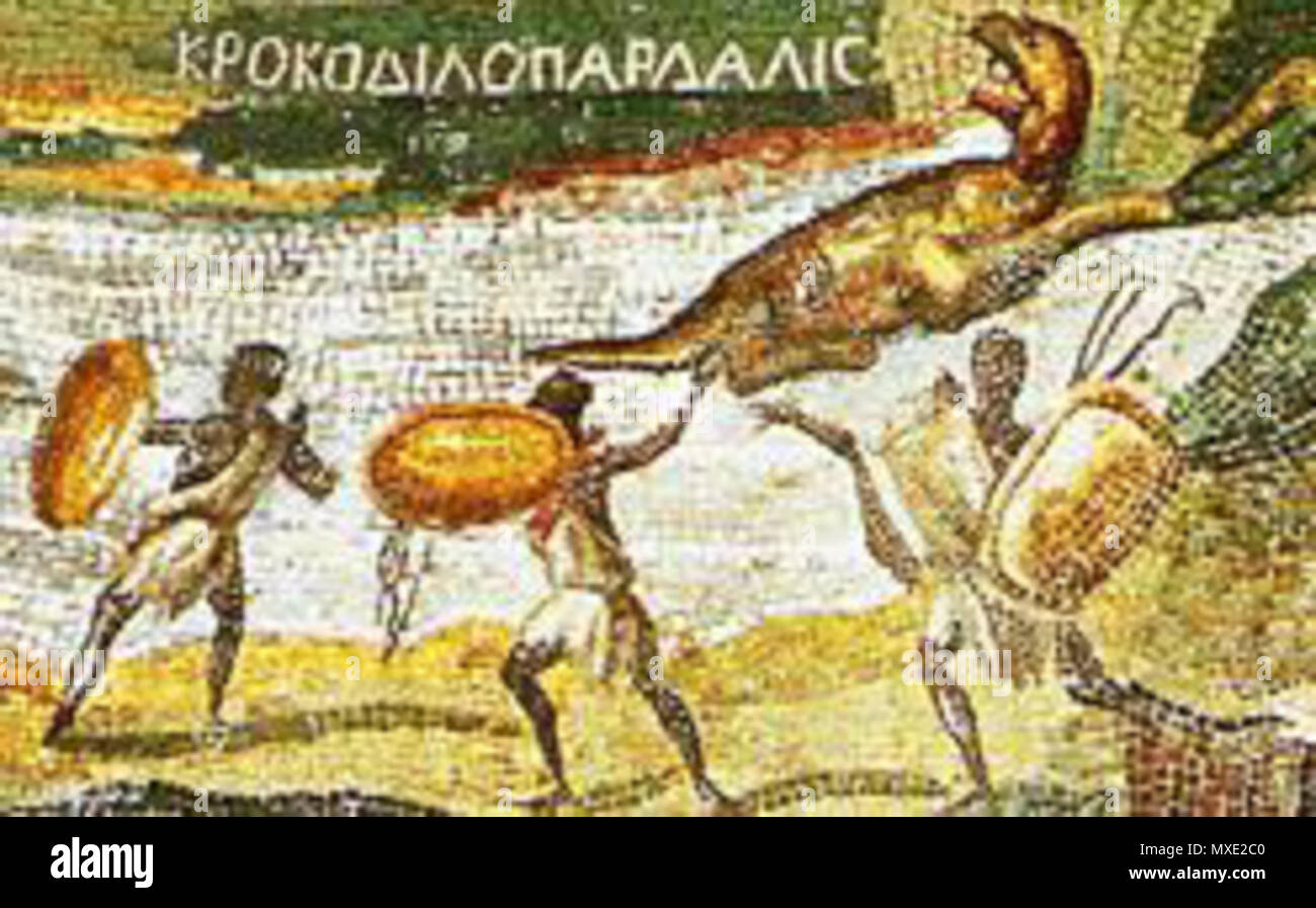 . Ein Abschnitt des Nils Mosaik von Palestrina. Etwa 100 v. Chr.. Griechische Text liest als Crocodile-Leopard KROKODILOPARDALIS, transliteriert. 22 September 2008, 18:38 (UTC). Abgeleitete Arbeit: Subtlevirtue (Talk) NileMosaicOfPalestrina.jpg: Subtlevirtue (Talk) 18:40, 22. September 2008 (UTC) 446 NileMosaicOfPalestrina 2 Stockfoto