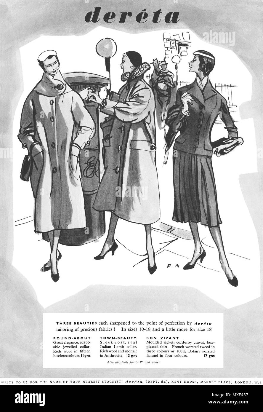 1955 britischen Werbung für's Deréta Frauen Kleidung, illustriert von Francis Marshall. Stockfoto