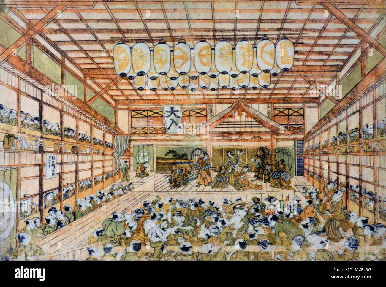 . 日本語: 寛政年間の木挽町森田座。 Englisch: shibai Ukie von masanobu Okumura, Darstellung des Kabuki-za Theater Ichimura in seinen frühen Tagen. 寛政年間/der 1790er Jahre. Unbekannt 425 Morita-za in den 1790ern Stockfoto