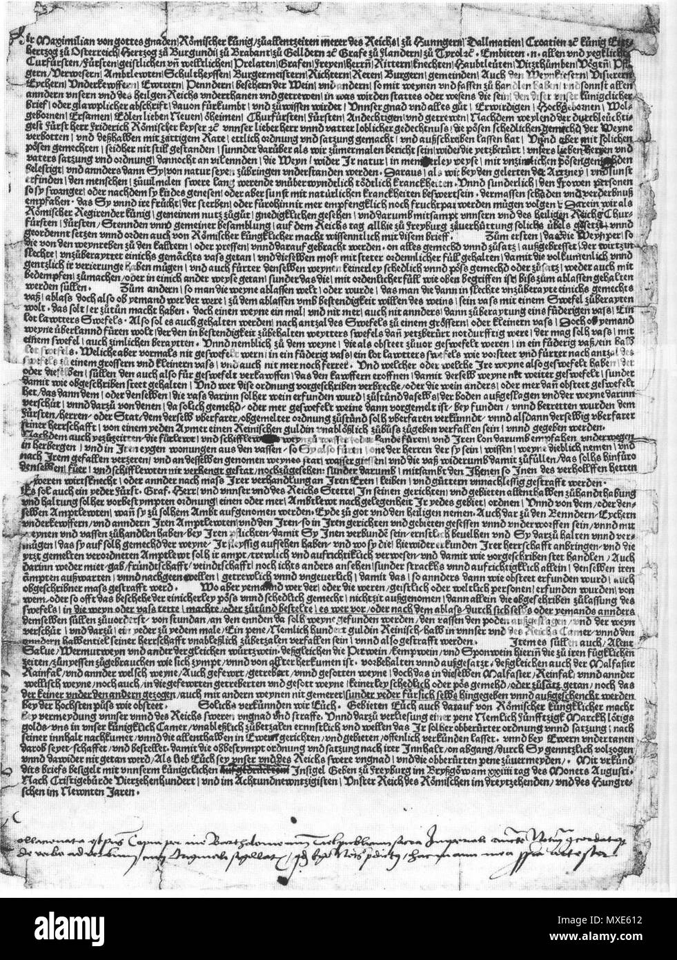 . Ordnung unnd Satzung über weyne, Ordnung und Satzung über den Wein. 21. März 2008 (original Upload Datum). Der Reichstag in Freiburg von 1498 458 Ordnung unnd Satzung ueber Weyne Stockfoto