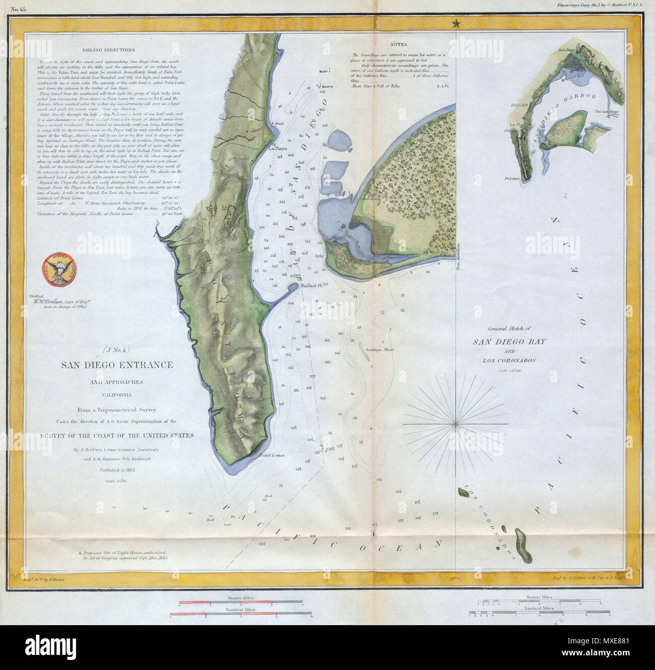 . Allgemeine Skizze der San Diego Bucht und Los Coronados. Englisch: Eine feine frühen US-Küstenwache Karte der San Diego Bay. Im Wesentlichen zwei Karten in einem Diagramm von einem Kompass getrennt Rose. Die erste Karte zeigt San Diego Bay und den Hafen südlich von der Stadt San Diego. Die zweite (rechts) Karte zeigt eine mehr allgemeine Ansicht der Bereich der sich als weiter im Süden als Coronados Island Group. Wunderschön gefärbt. Diese Karte wurde unter der Leitung von A. D. Bache, Betriebsleiter der Umfrage vor den Küsten der Vereinigten Staaten und einer der einflussreichsten Amerikanischen Kartographen des erstellt Stockfoto