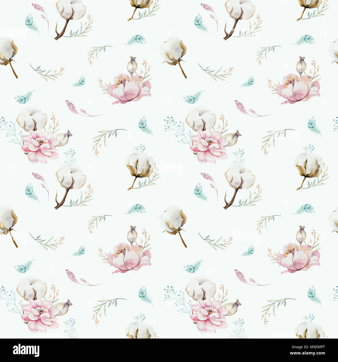 Aquarell nahtlose florales Muster mit Baumwolle. Böhmische natürlichen Muster: Blätter, Federn, Blumen, auf weißem Hintergrund. Künstlerische decoratio Stockfoto