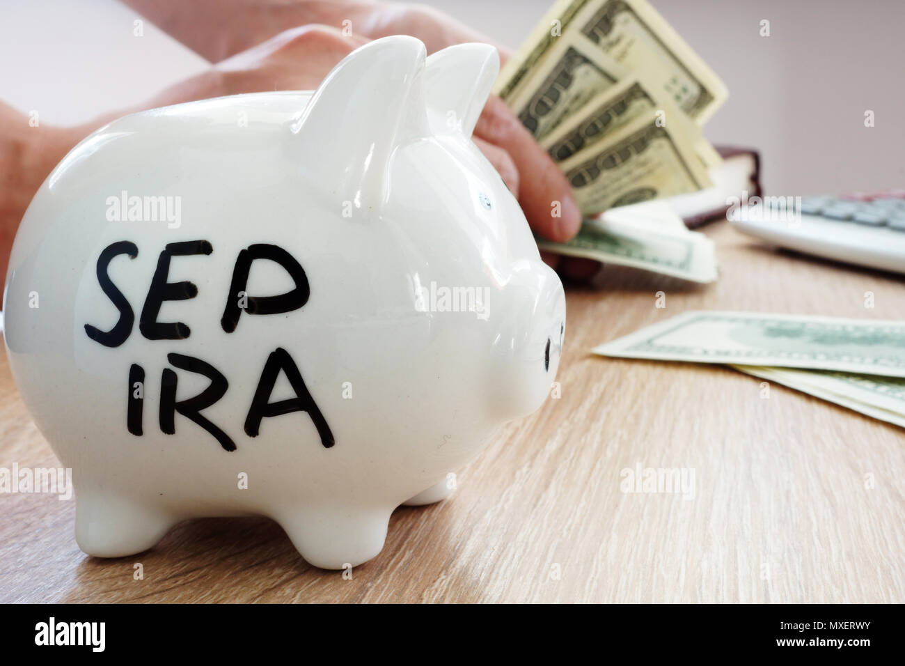 SEP IRA auf eine Seite von piggy Bank geschrieben. Pension Plan. Stockfoto
