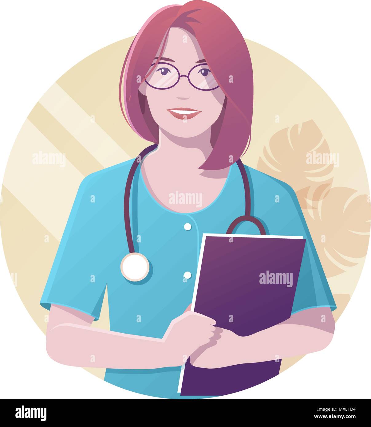 Vector Illustration von lächelnden Frau Doktor mit Stethoskop in der blauen Uniform Ordner in Ihren Händen. Moderne Wohnung realistischen Stil. Stock Vektor