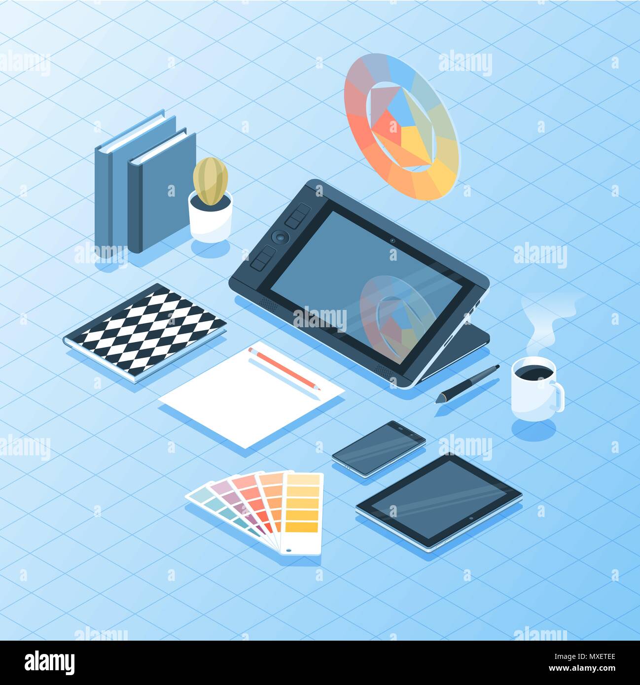 Vector Abbildung: isometrische 3D-Schreibtisch mit Designer oder Künstler, darunter Tablet-PCS, mobile Geräte und eine Tasse Kaffee. Stock Vektor