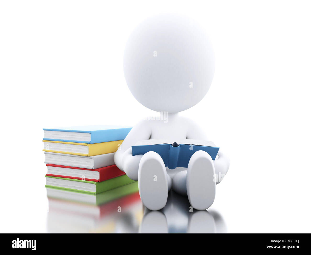 3D-Darstellung. Weiße Menschen, ein Buch zu lesen. Bildung Konzept. Isoliert weißer Hintergrund. Stockfoto