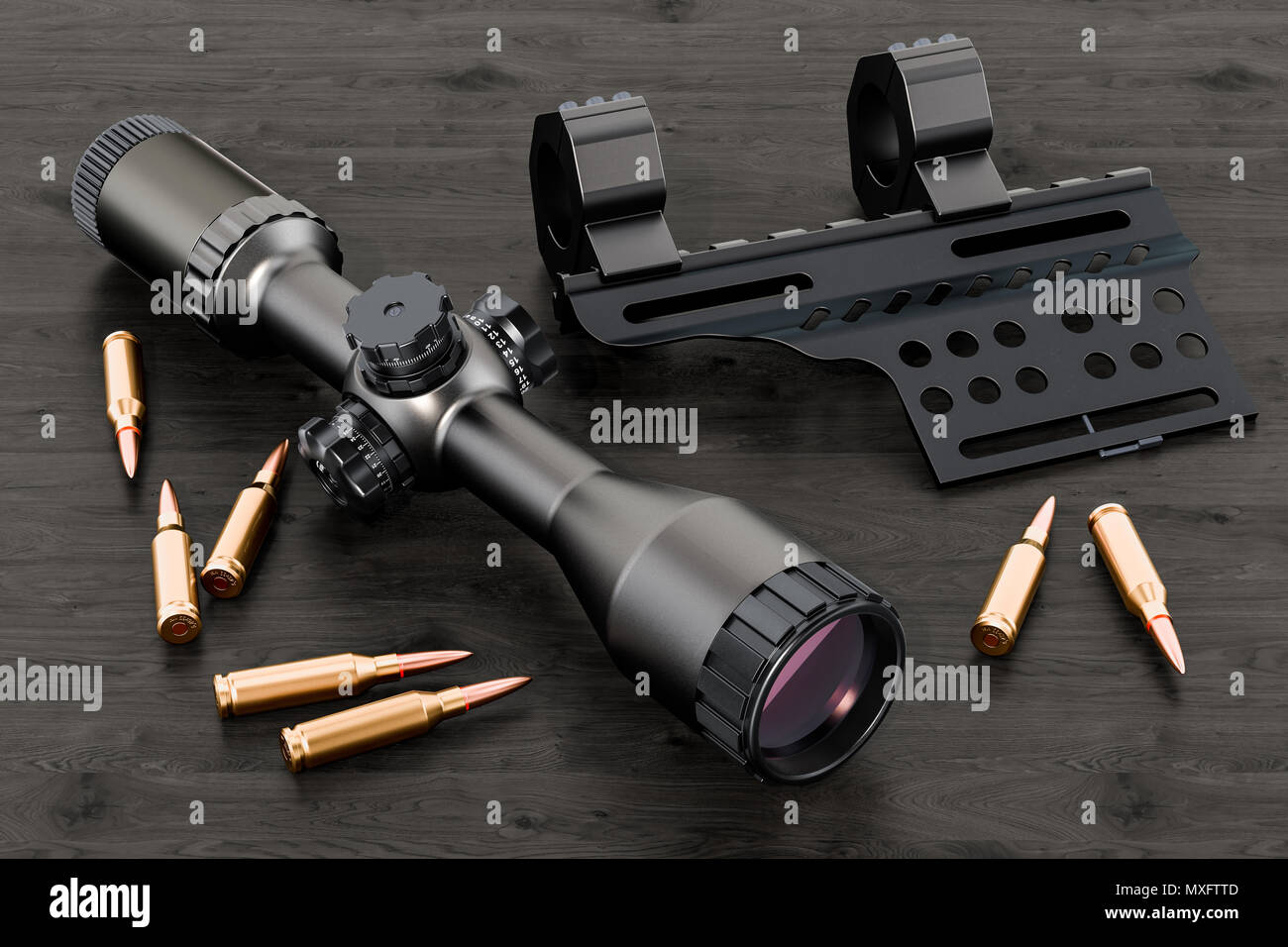 Zielfernrohr, Umfang mit Kugeln und den Berg auf dem Holztisch. 3D-Rendering Stockfoto
