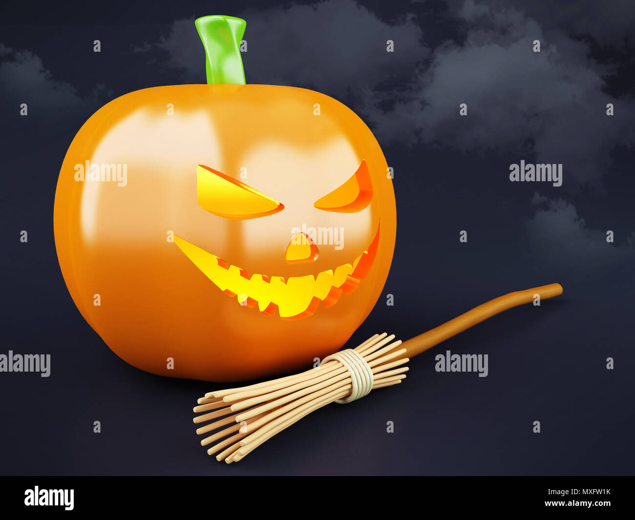 3D-Darstellung. Jack O Lantern Halloween Kürbis mit Kerze Licht innerhalb und Besen. Stockfoto