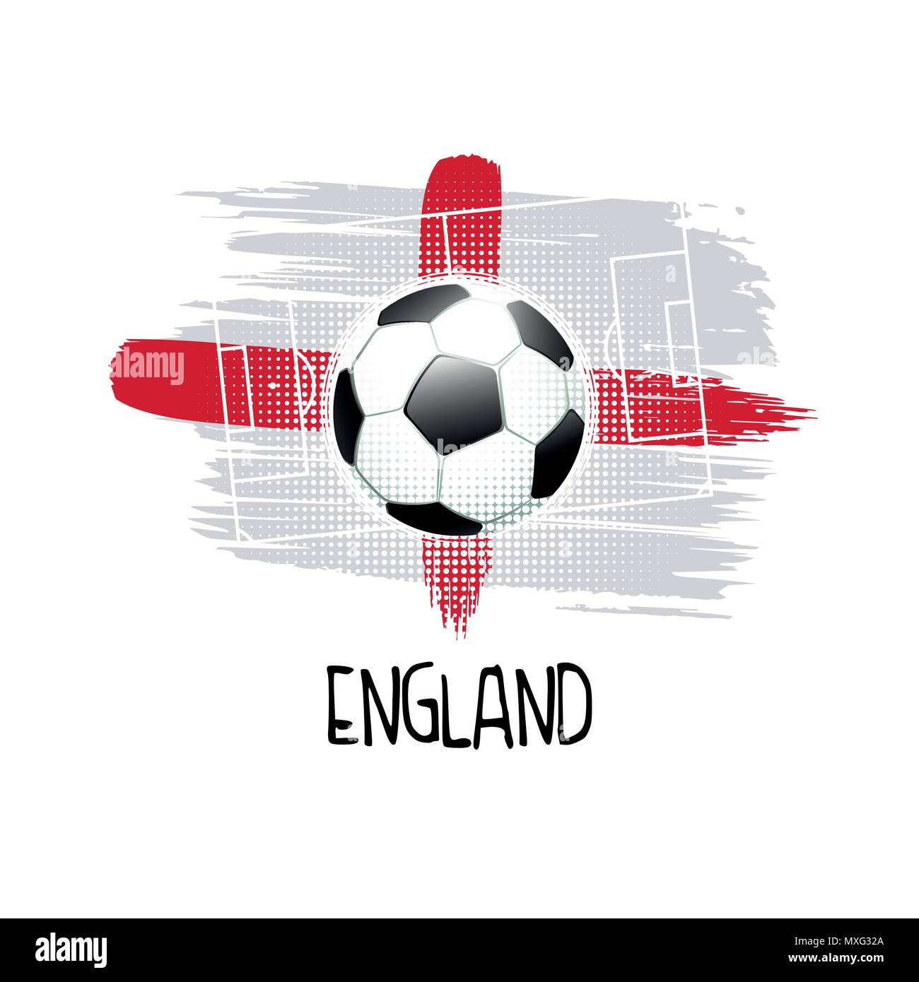 Hand geschriebene Wort 'England' mit Fußball, Fußballplatz und abstrakte Farben der englischen Flagge. Vector Illustration. Stock Vektor