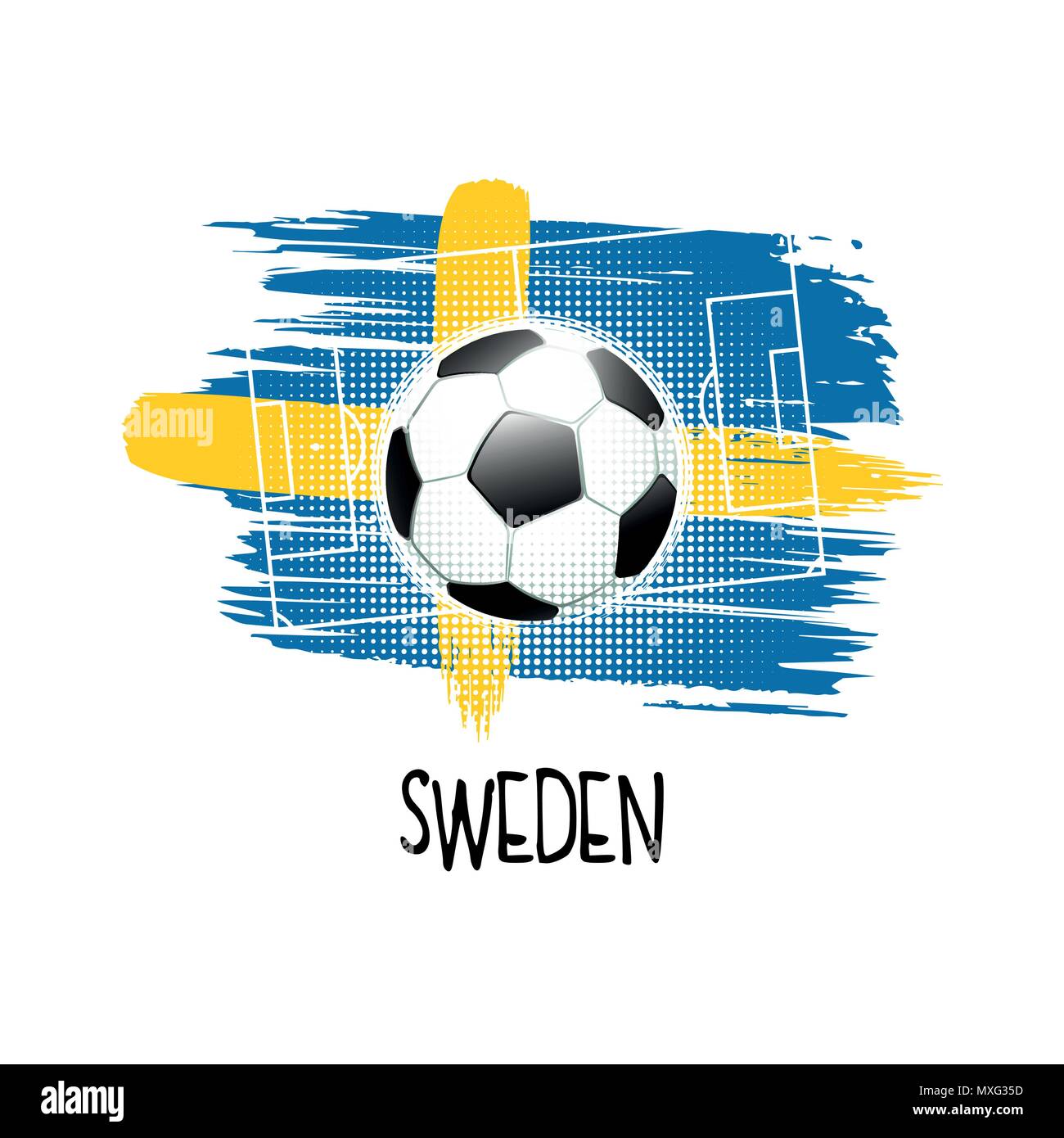Von Hand geschriebene Wort "Schweden" mit Fußball, Fußballplatz und abstrakte Farben der schwedischen Flagge. Vector Illustration. Stock Vektor