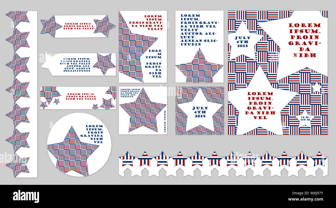 Einstellen der Patriotischen Vorlagen in verschiedenen Formen und Größen für den 4. Juli, Memorial Day, Veteran Tag. Tricolor patriotischen Designs mit Text. Stockfoto