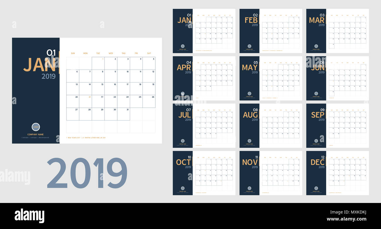 Vector 2019 neues Jahr Kalender in sauberen Minimale Tabelle einfachen Stil und Blau und Orange-gelbe Farbe, Holiday Event Planner, Woche beginnt Sonntag. gehören Stockfoto