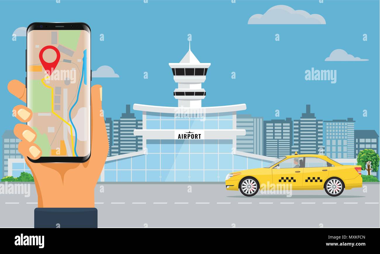 Airport terminal Building und gelben Taxi Hand smartphone Buchen Taxi. Im städtischen Hintergrund flach und Farbe Design. Stock Vektor