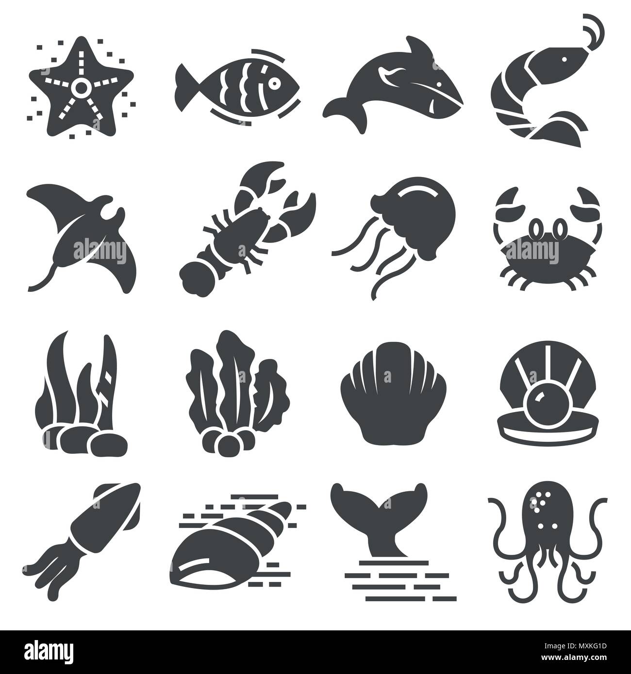 Meer Tier ähnliche Symbole. Dünne vektor Icon Set, schwarz und weiß Kit Stock Vektor