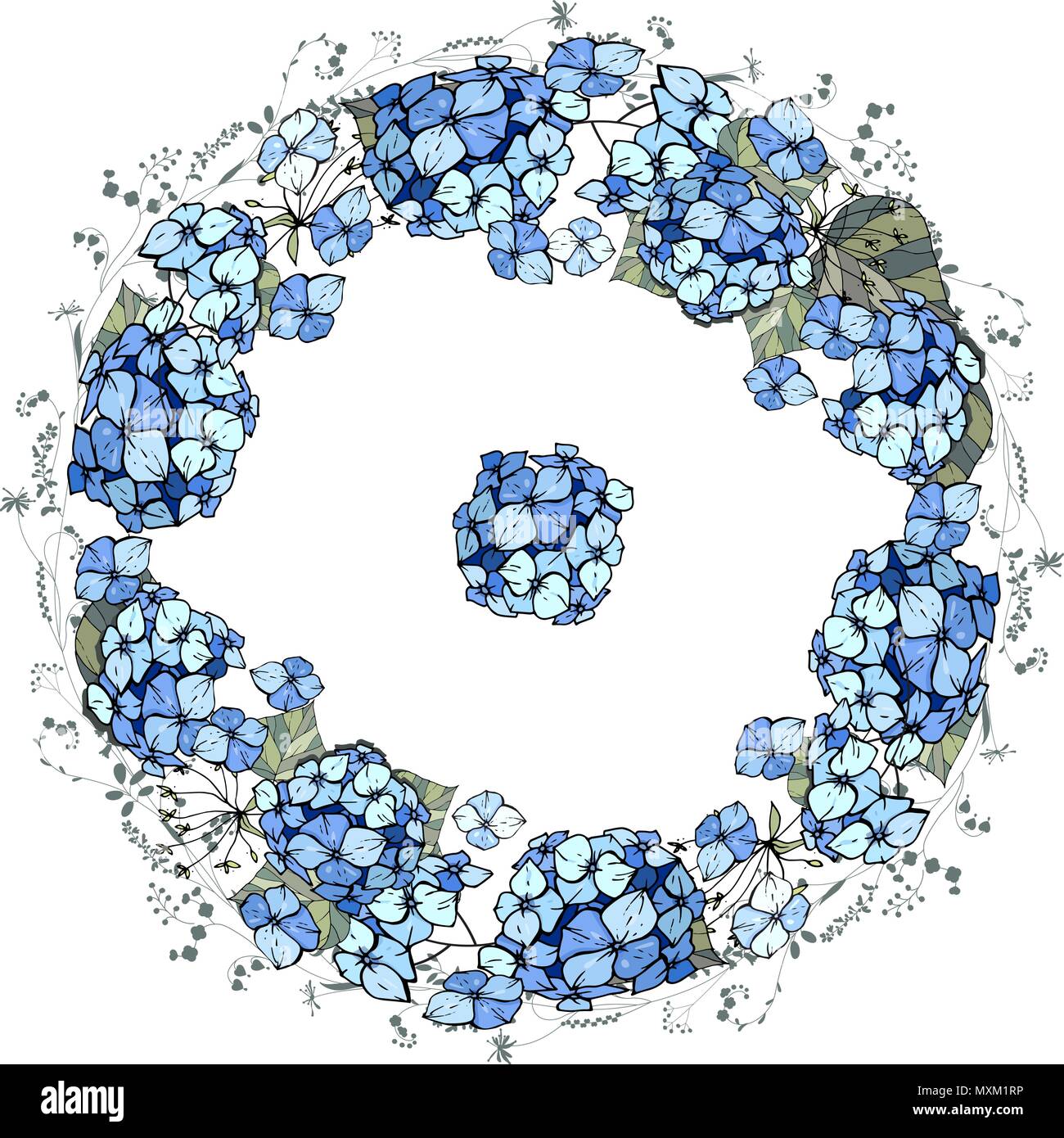Runde Blumen Girlande mit hortensienblüten. Dekoration für Hochzeit und romantisches Design Stock Vektor