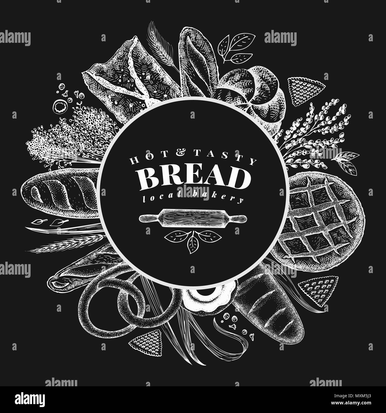 Vektor Bäckerei handgezeichnete Abbildung auf der Kreidetafel. Hintergrund mit Brot und Gebäck. Retro Design vorlage. Für Menü, Verpackung. Stock Vektor