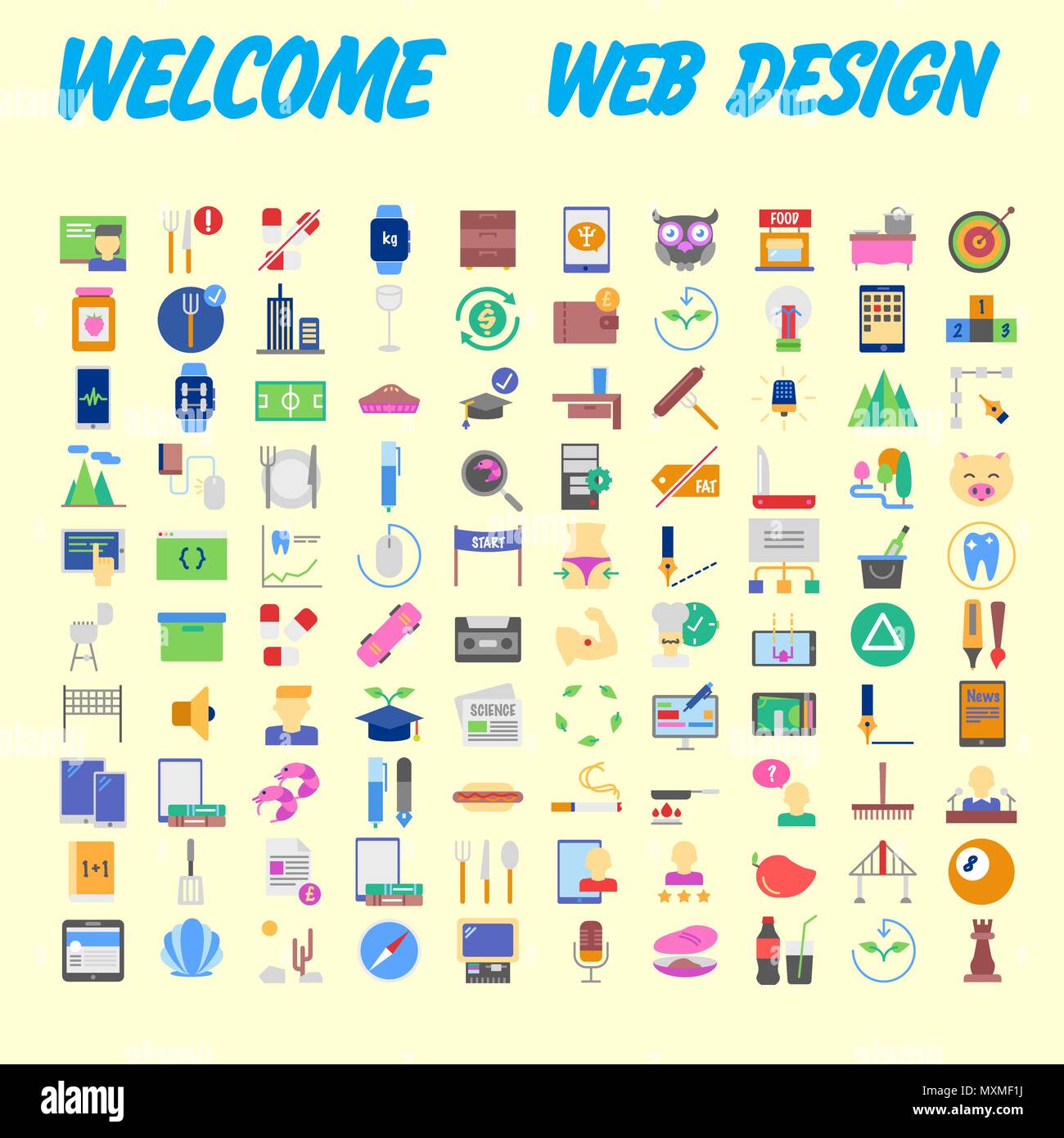 Satz von 100 flach Web Icons auf folgenden Themen - SEO und Entwicklung, kreativen Prozess, Wirtschaft und Finanzen, Büro und Business, Sicherheit und Schutz Stock Vektor