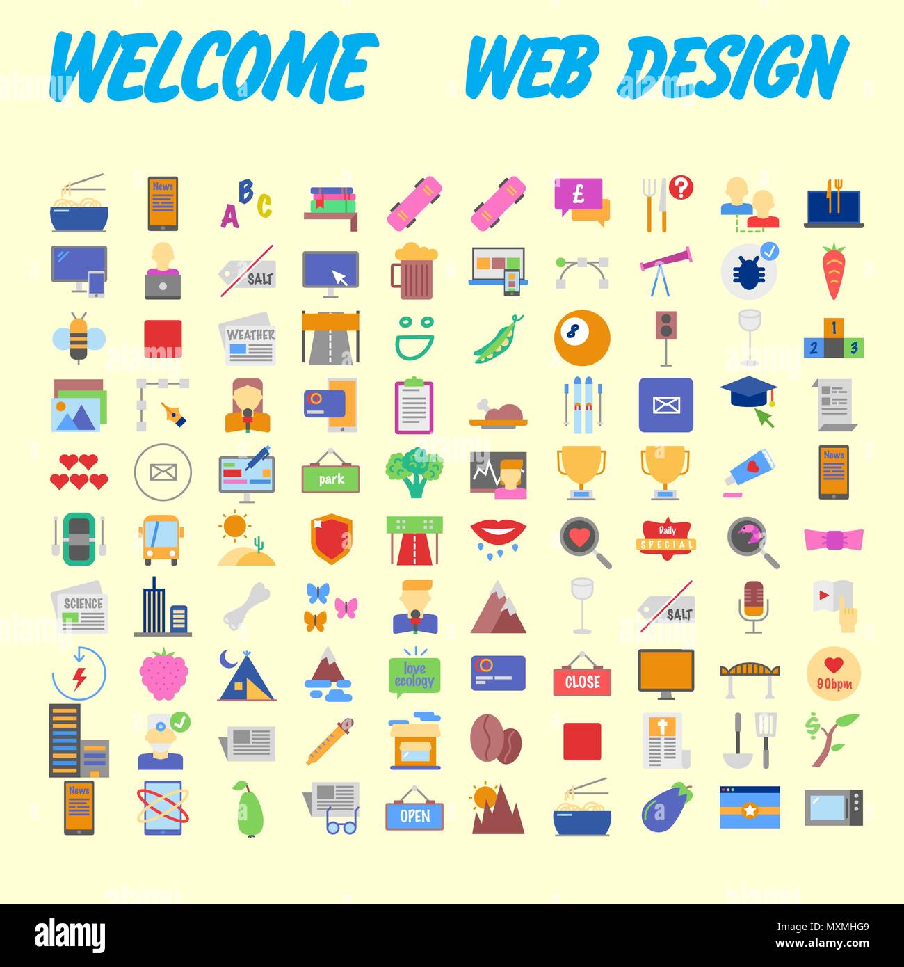 100 universelle Symbole für Web Design zu verschiedenen Themen. Vector Illustration Stock Vektor