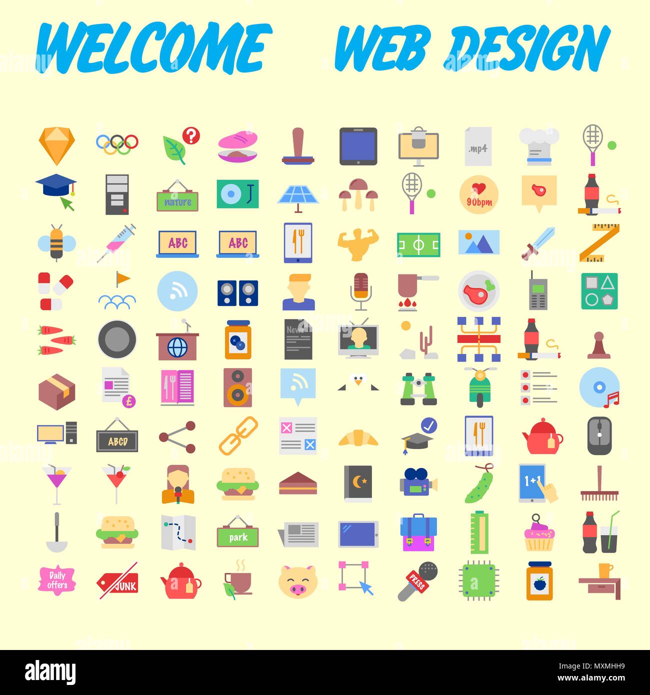 100 universelle Symbole für Web Design zu verschiedenen Themen. Vector Illustration Stock Vektor