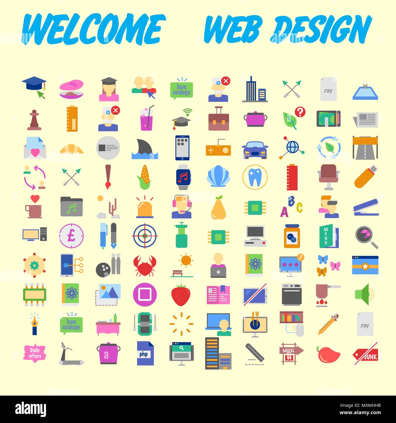 100 universelle Symbole für Web Design zu verschiedenen Themen. Vector Illustration Stock Vektor