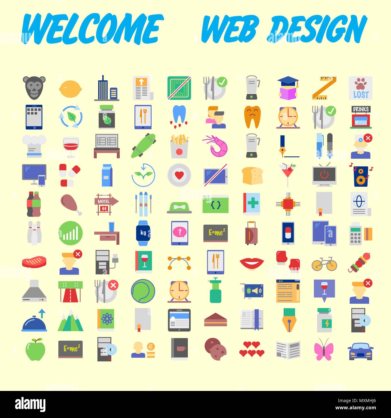 100 universelle Symbole für Web Design zu verschiedenen Themen. Vector Illustration Stock Vektor