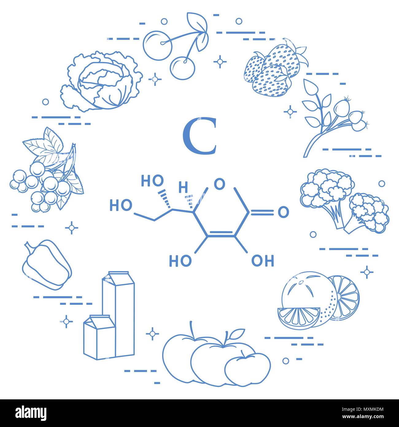 Lebensmittel, die reich an Vitamin C Kirsche, Erdbeere, Dog Rose, Blumenkohl, Orangen, Äpfel, Milch, Milchprodukte, Paprika, Schwarze Johannisbeeren, Kohl. Stock Vektor