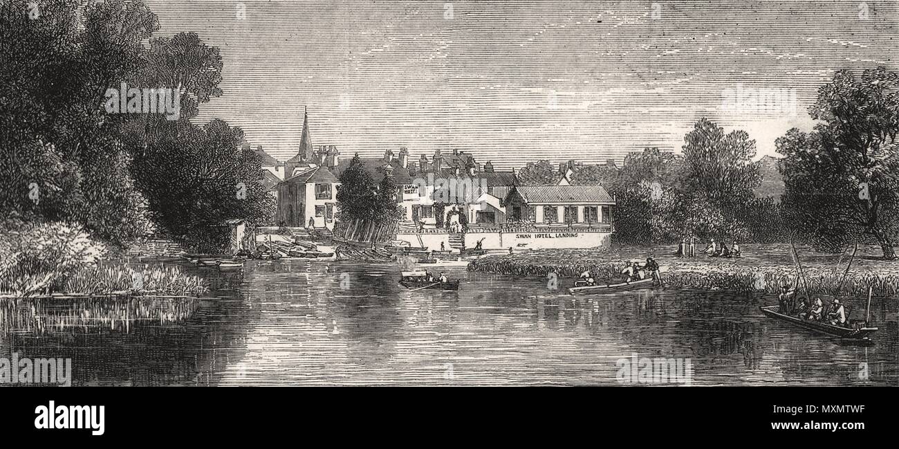 Thames Ditton Riverside. Ye Olde Swan Pub Hotel. Vorgeschlagene Wasserwerk 1873. Die Illustrated London News Stockfoto
