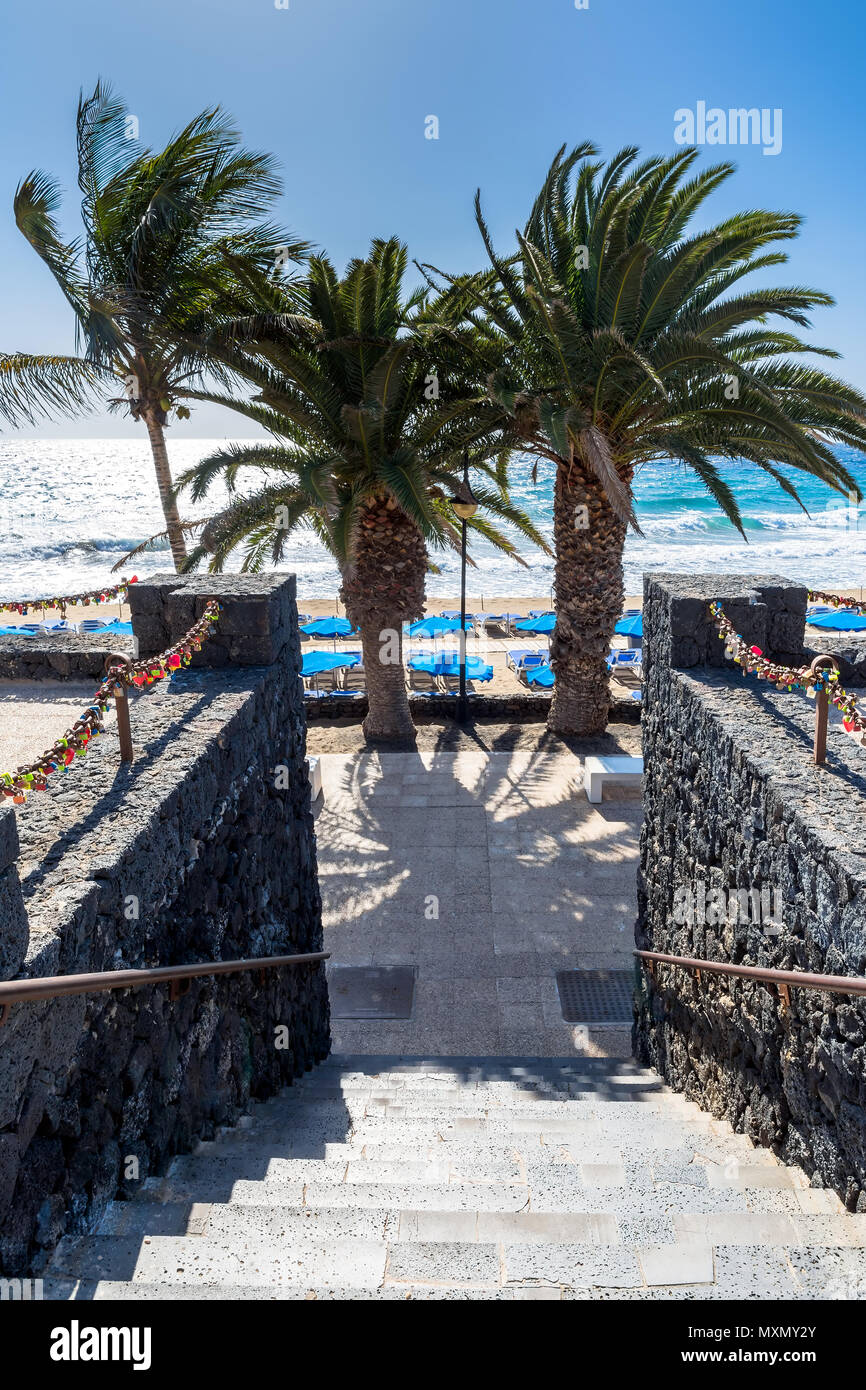 Puerto del Carmen, Spanien - 29. Dezember 2016: Tag der Blick auf die Strandpromenade mit Palmen und Strand von Puerto del Carmen, Spanien. Puerto del Carmen ist das Wichtigste zu Stockfoto