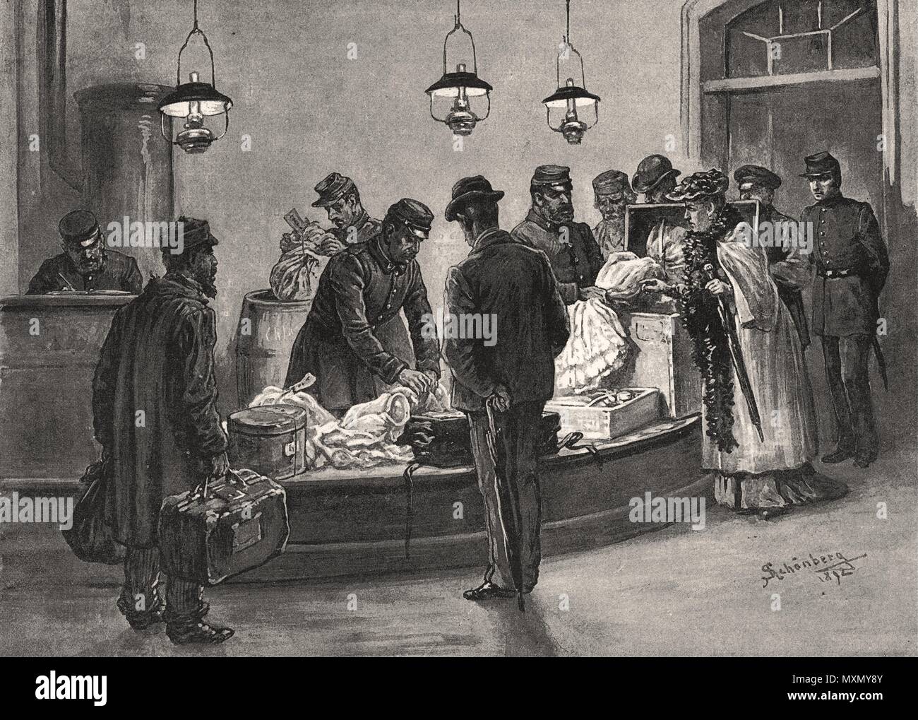 Hamburger Cholera-epidemie Zollbeamten desinfektion Bettwäsche 1892. Die Illustrated London News Stockfoto