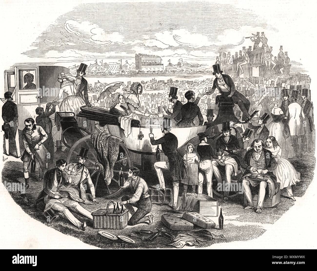 Picknick party, in Ascot Rennen. Berkshire 1844. Die Illustrated London News Stockfoto