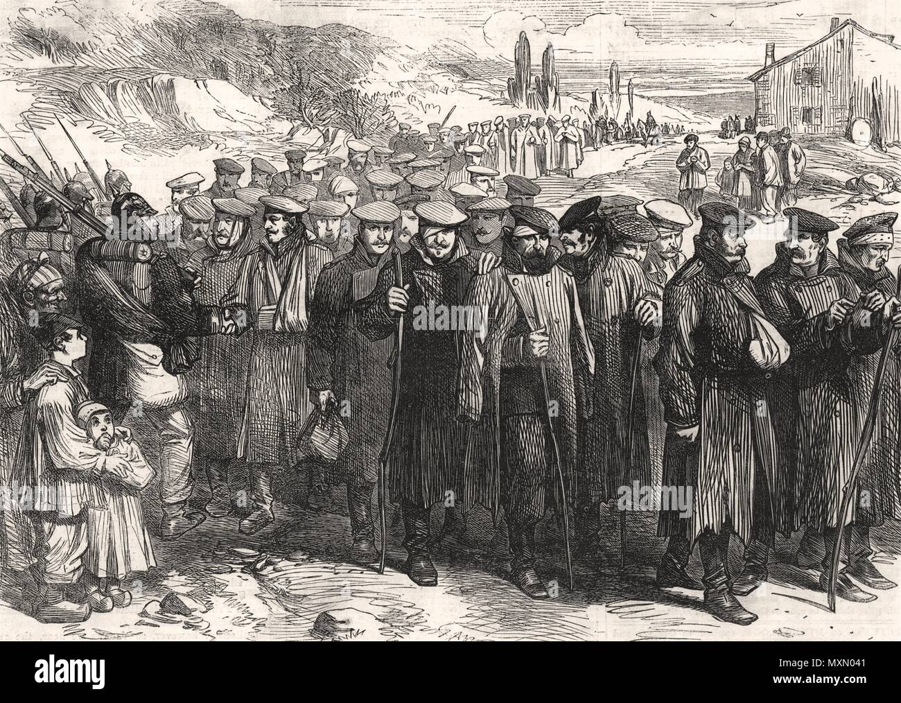 Der Krieg verwundeten deutschen Soldaten nach Hause zurückkehren. Deutschland 1870. Die Illustrated London News Stockfoto