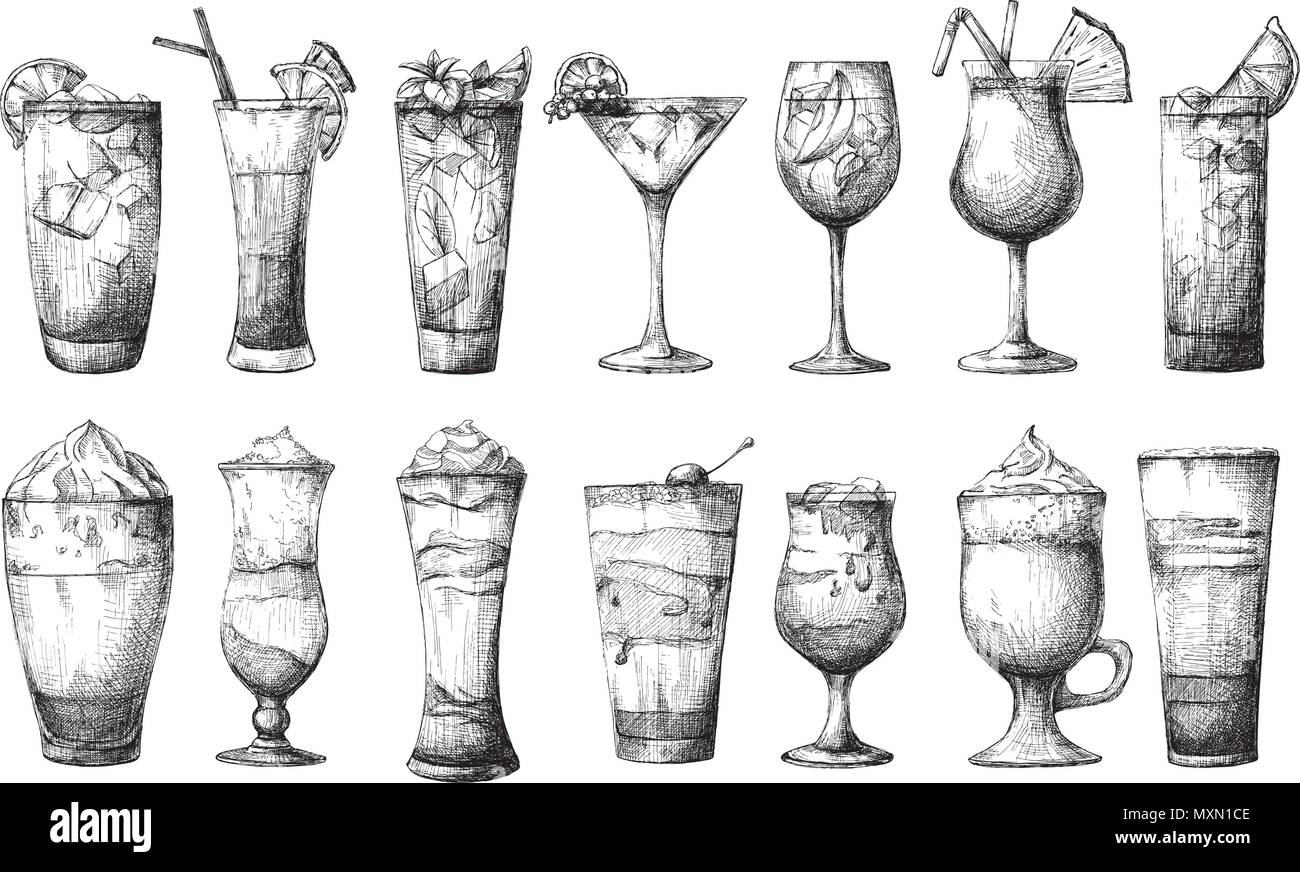 Große unterschiedliche Gläser, verschiedene Cocktails. Vector Illustration einer Skizze Stil. Stock Vektor