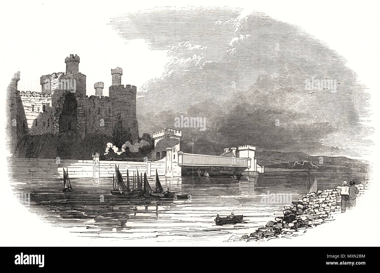 Flusses Conwy tubular Railway Bridge, wie es erscheint, wenn abgeschlossen. Wales 1848. Die Illustrated London News Stockfoto